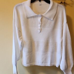 Women's White Collared Sweater Large New Crochet